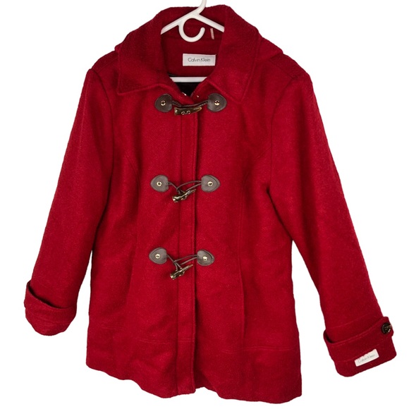 Calvin Klein Red Wool Blend Hooded Mid-Length Toggle Coat - Picture 5 of 12